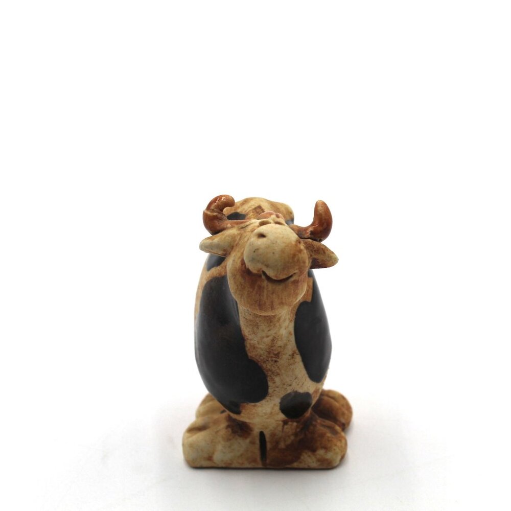 Vtg Cow 3.5" Figurine Rustic Black Brown White Spots Farmhouse Cottage Decor